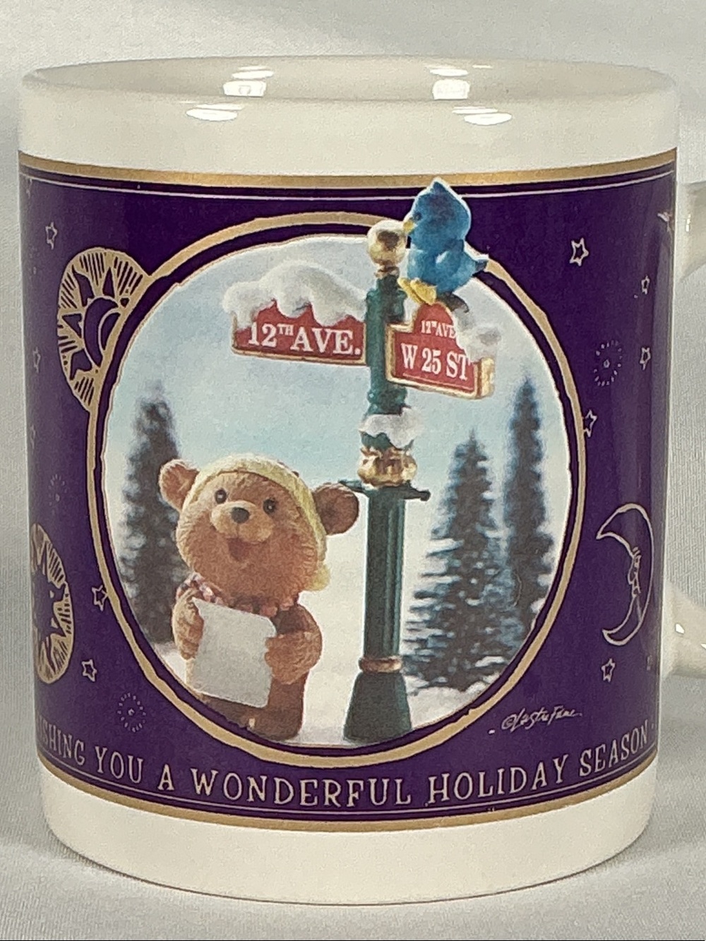 Vintage 1992 Lustre Fame Christmas Bear Mug Celestial Moon Stars Matrix Holiday